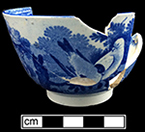 Pearlware common shape cup printed underglaze in medium blue. Matching pearlware saucers. Four matching saucers and two matching cups in assemblage. 3.75” cup rim diameter, 2.5” cup vessel height. 5.5” saucer rim diameter, 1” saucer vessel height.